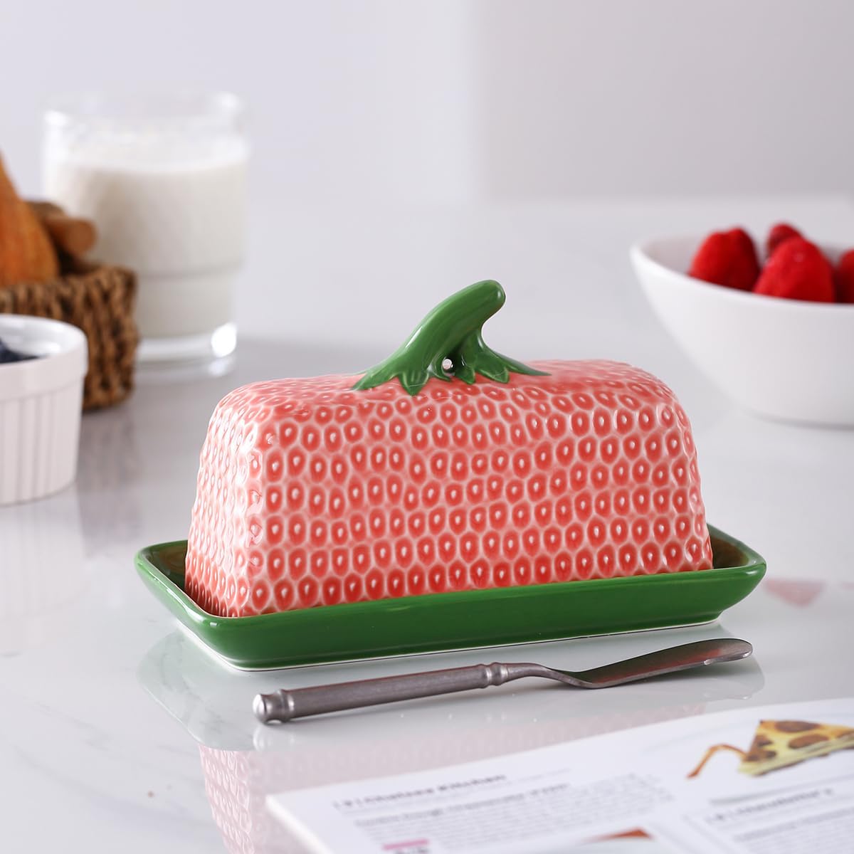 Ceramic Strawberry Butter Dish with Lid for Countertop, Kitchen Butter Keeper, Serving Tray with Cover, Butter Storage Container, Butter Holder, Holds 1 Stick (Pink, Large)