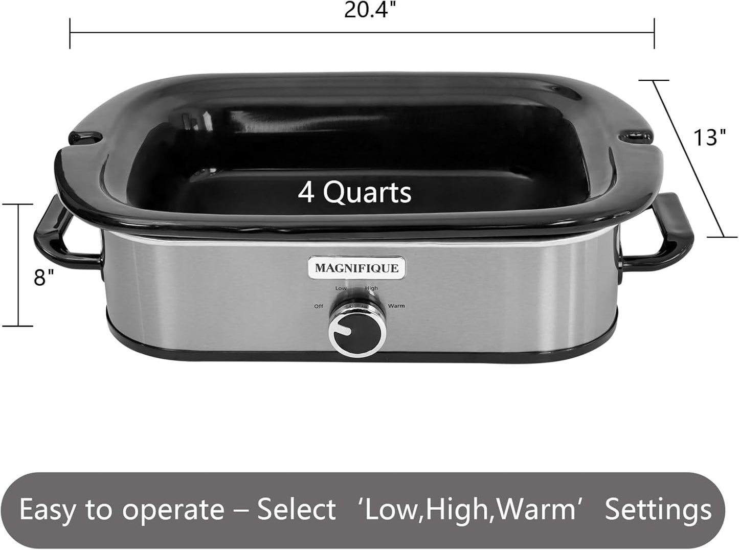4-Quart Slow Cooker with Casserole Manual Warm Setting - Perfect Kitchen Small Appliance for Family Dinners, Dishwasher Safe Crock, Stainless Steel