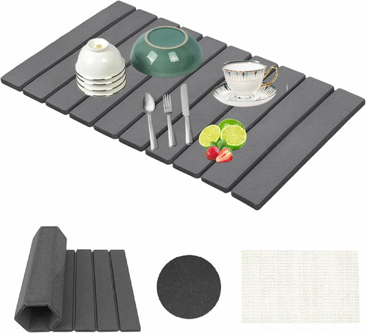 Stone Drying Mat for Kitchen Counter, Collapsible Dish Drying Mat, Fast Drying Diatomaceous Earth Dish Drying Mats, Water Absorbent Diatomite Kitchen Mat （Dark gray, small size）