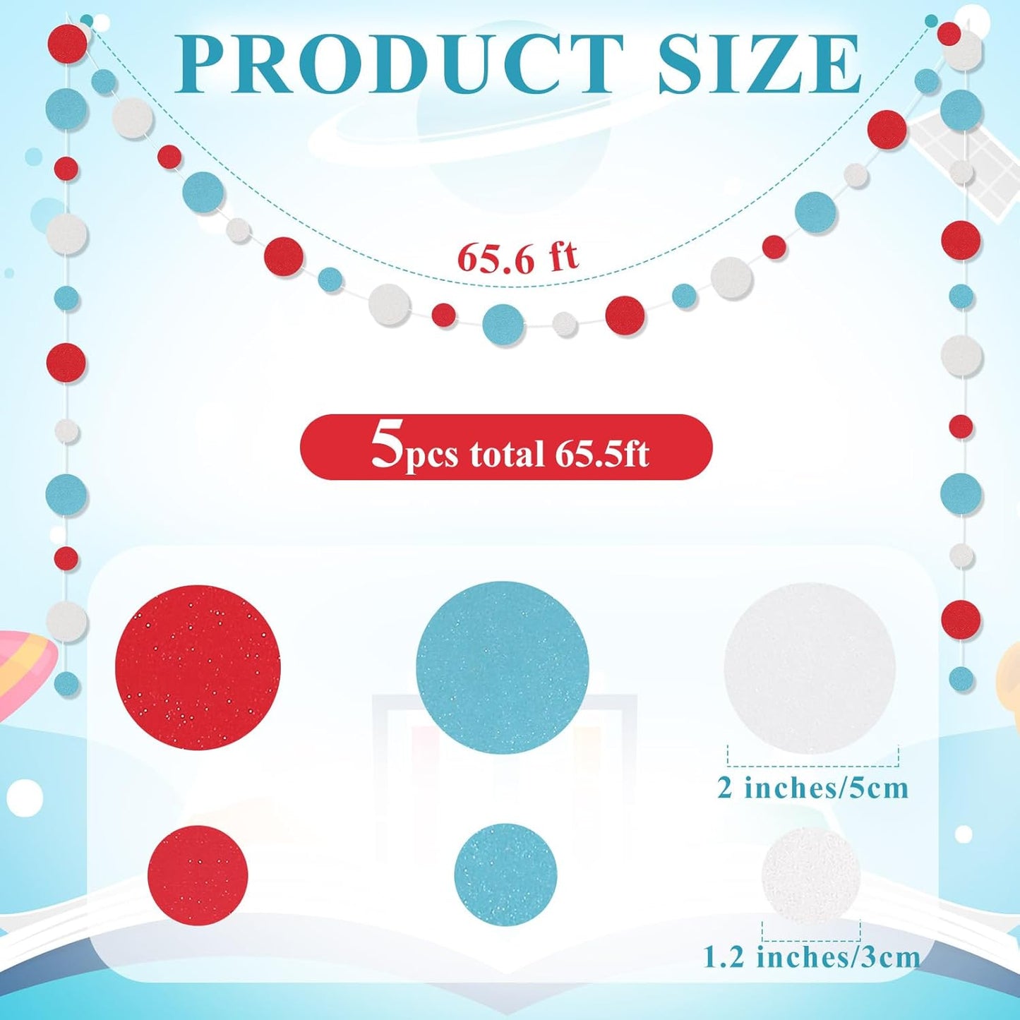 Outus 5 Pieces Colorful Dots Paper Garland Round Glitter Garland Hanging Confetti Streamers Backdrop Decoration for Birthday Classroom Candy Sprinkles Trunk or Treat Party (Light Blue,White,Red)
