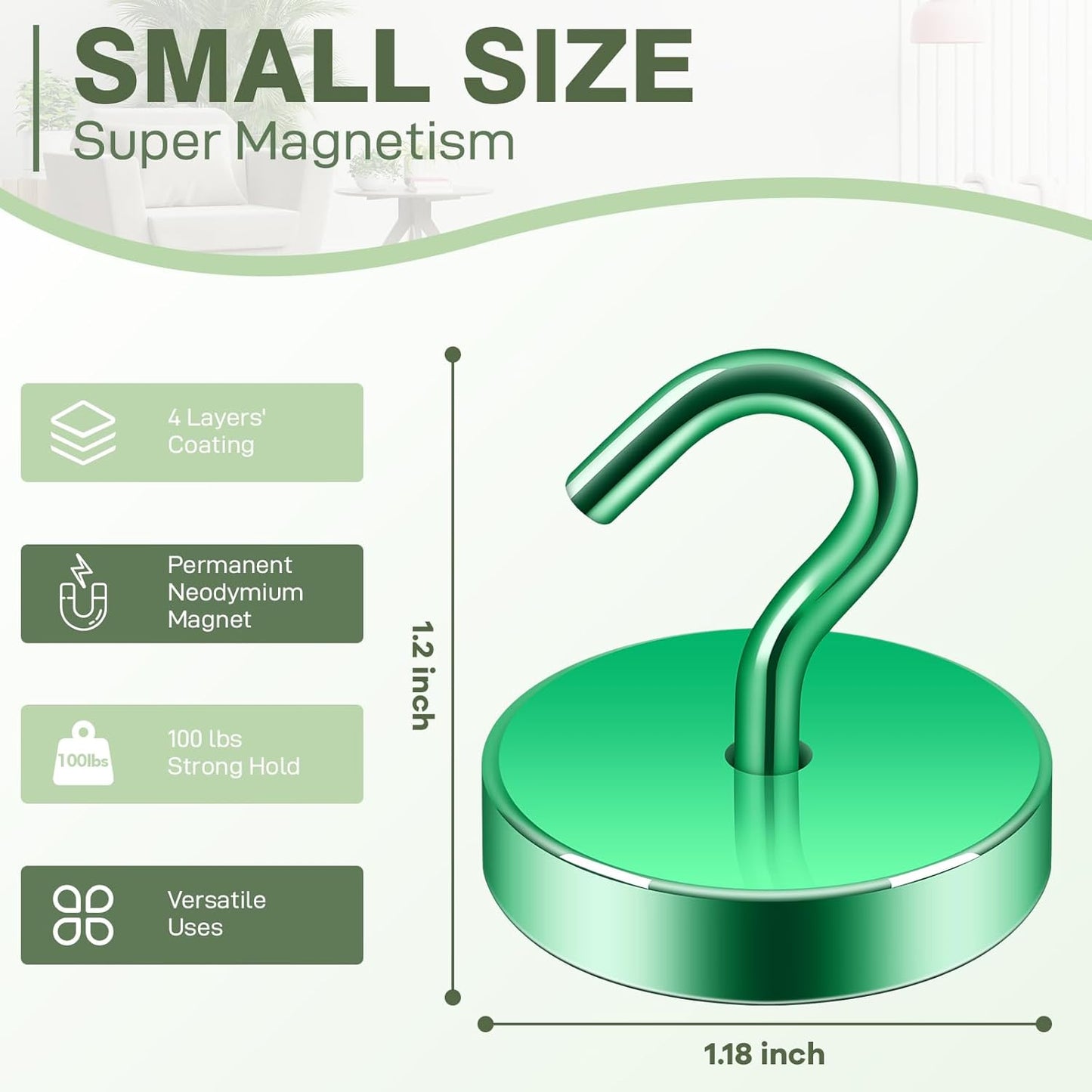 Neosmuk Magnetic Hooks, Cruise Ship Essentials, 100lb+ Heavy Duty Magnetic Hooks for Cruise Cabins, Refrigerator, Grill, Hanging, and Travel | Extra Strong Must-Haves Magnet Hook,Green