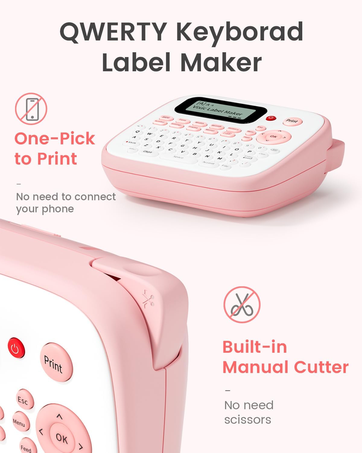 Pink Label Maker, D210S Label Maker with Tapes Waterproof, Handheld Label Makers Labeler Includes USB-C for Power, Easy-to-Read Screen, Multiple Fonts Icons Frames for Home Office Organization