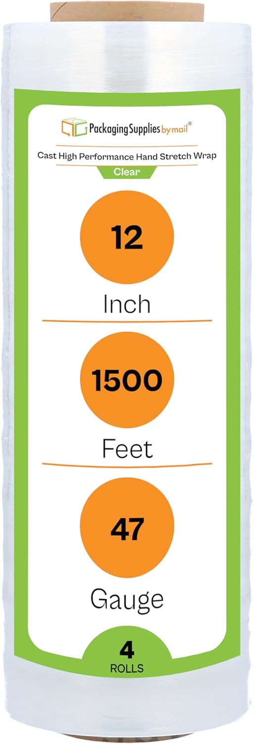 PSBM High Performance Pallet Stretch Wrap, 4 Pack Plastic Moving Wrap in 12 Inch x 1500 Feet, 47 Gauge, Clear Packing wrap for Moving, Ideal for Furniture Wrapping for Moving Purposes