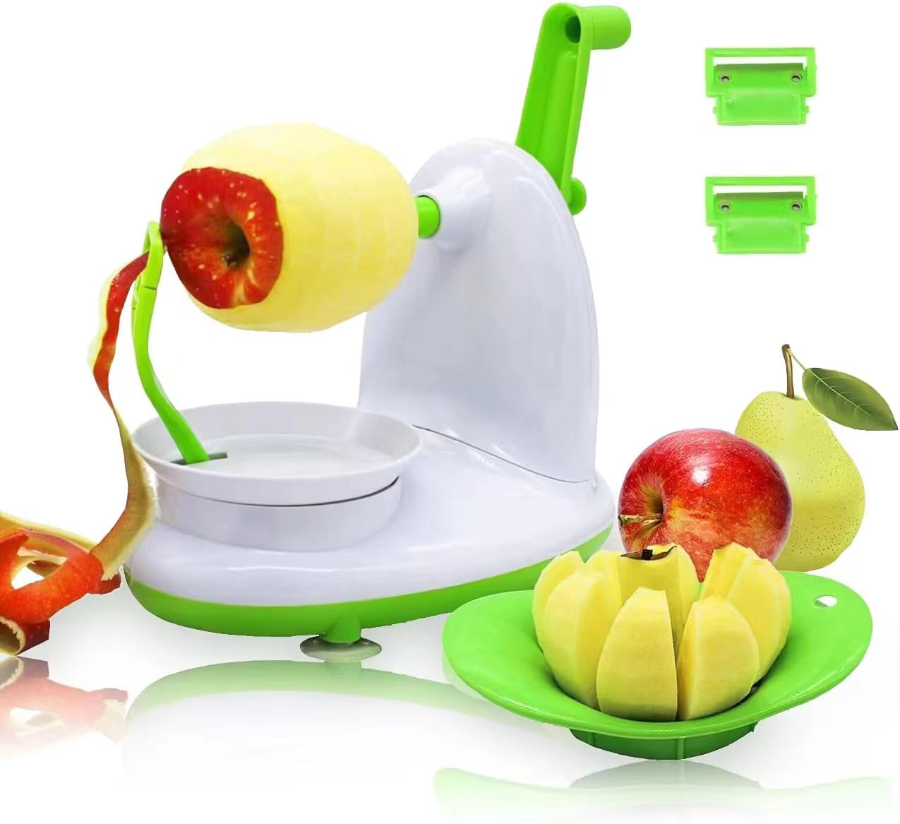 Upgraded Apple Peeler and Corer for Apple Pear Citrus Manual Rotating Kitchen Gadget Includes 2 Replacement Heads and 1 Splitter (whitish green)