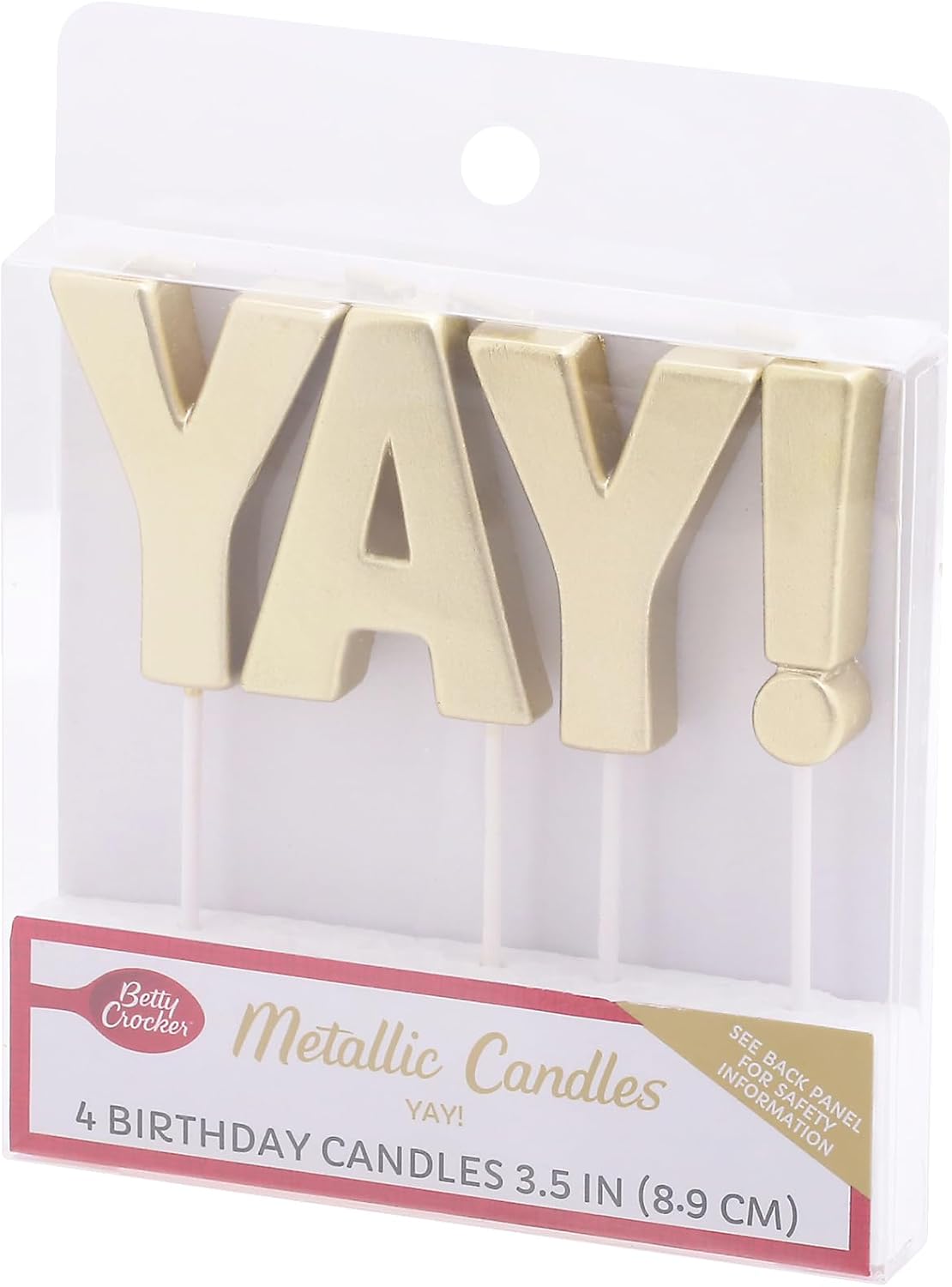 Betty Crocker Metallic Yay! Birthday Cake Topper - 4 Gold Metallic Letter Candles for a Fun Celebration - 3.5 Inch Tall