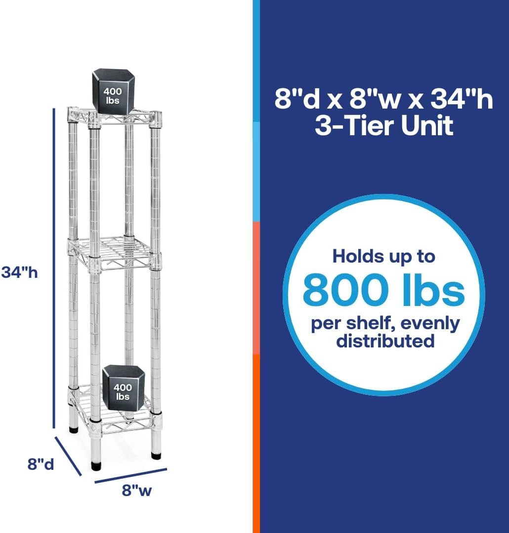 Shelving Inc. 8" d x 8" w Chrome Wire Shelving with 3 Tier Shelves, Weight Capacity 800lbs Per Shelf