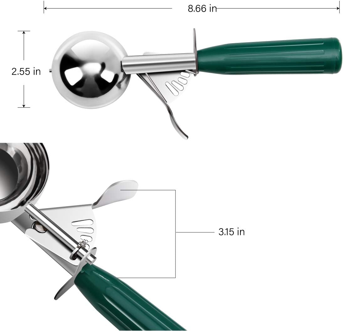 Commercial-Grade Ice Cream Scooper 2.66 oz, 18/8 Stainless Steel Cookie Scoop with Plastic Handle, Portion Control Disher Scoop for Bakeries,Restaurants & Dessert Shops, #12, Green