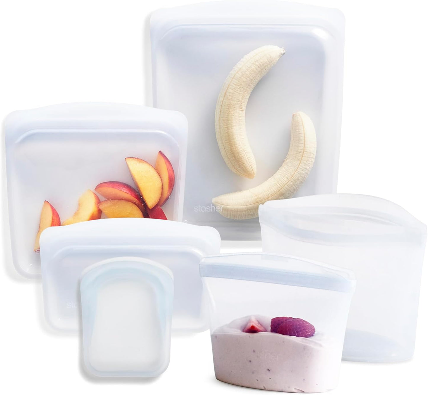 Stasher Premium Silicone Reusable Food Storage Bags, 6-Pack, Clear, Multi-Use Food Storage Bags, Lunch Bag, Travel Containers, BPA Free, Leak-free, Dishwasher-Safe, Eco-friendly