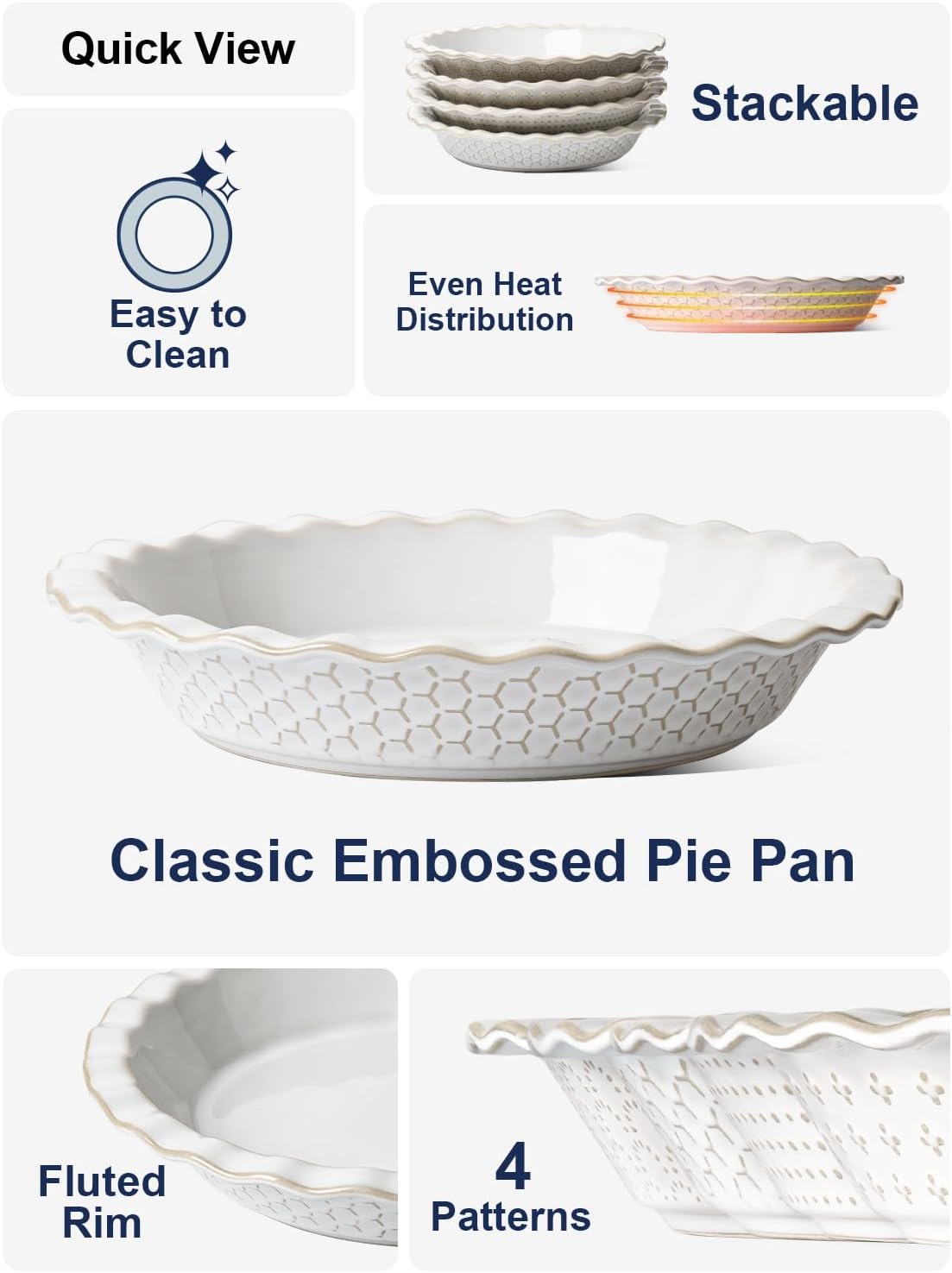 LE TAUCI Pie Pans for Baking 9 Inch, Ceramic Pie Plate for Apple Pie, Round Baking Dish Oven Safe, Embossment Housewarming Wedding Present - 36 OZ, Set of 1, Honey Comb, Arctic White