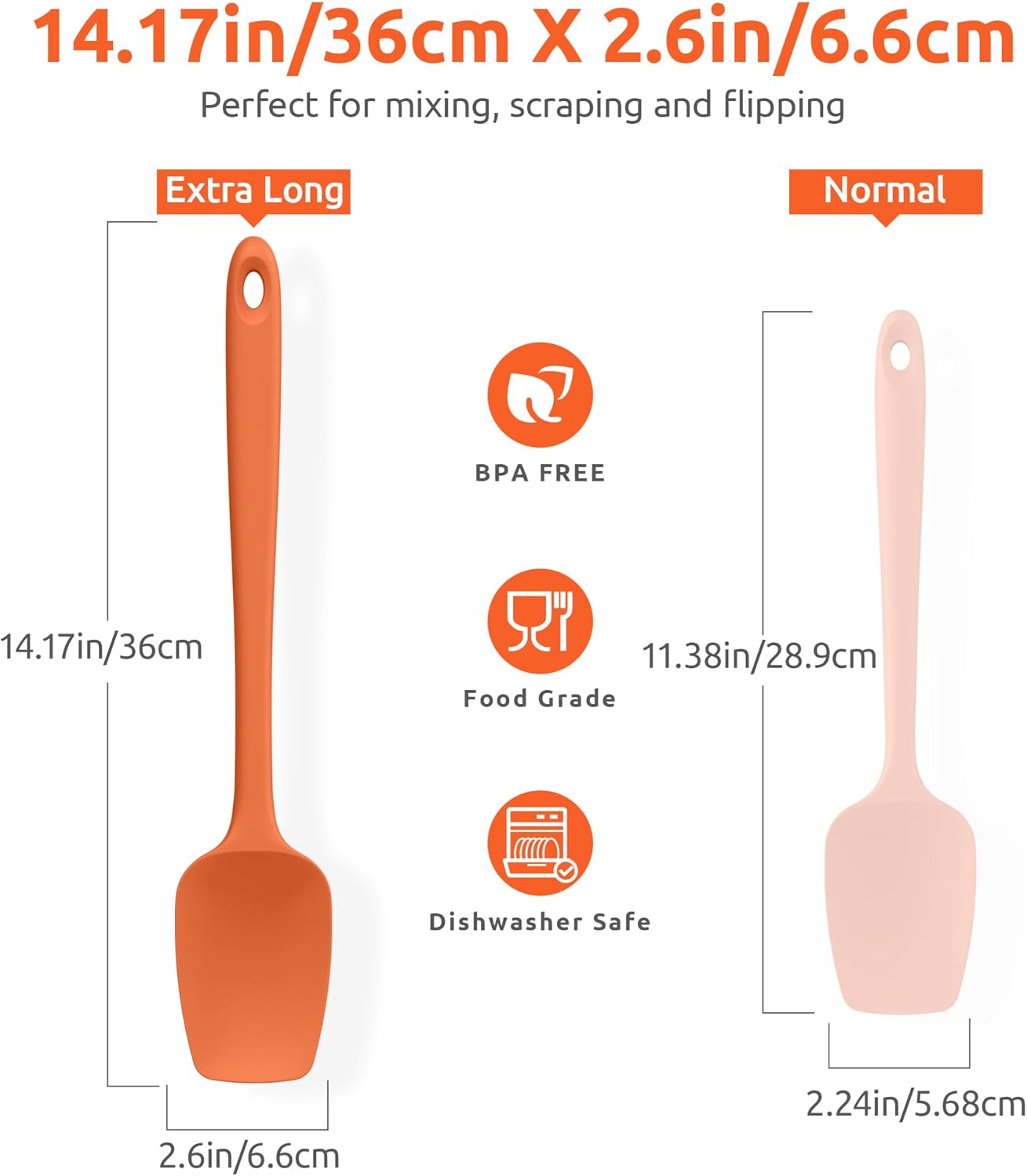 U-Taste Extra-Long 600ºF Heat Resistant Spatula Spoon: 14" Silicone Spoonula Cooking Utensils for Kitchen Use, Non-Stick Scoop Scraper with Soft Edge & Firm Core for Baking, Mixing, Serving (Orange)