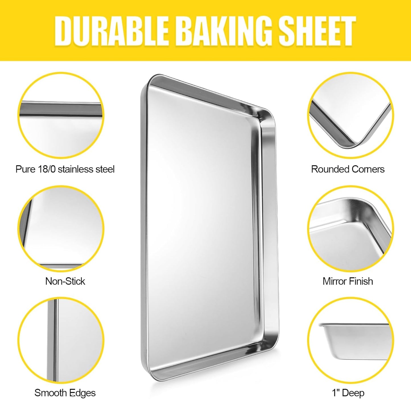 Baking Sheet, Cookie Sheet, Stainless Steel Baking Pan, 2 Piece-16''x 12'' x 1'', Sheet Pan for Oven, Jelly Roll Pan, Baking Tray for Baking&Roasting, Nonstick&Nontoxic&Easy Clean