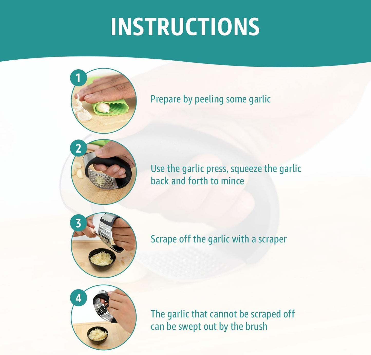 GD Garlic press rocker, crusher, mincer tool stainless steel with a Garlic Peeler, spatula, and Brush extract more Garlic Paste. The Garlic Mincer Tool Squeezes, Extracts, Crushes