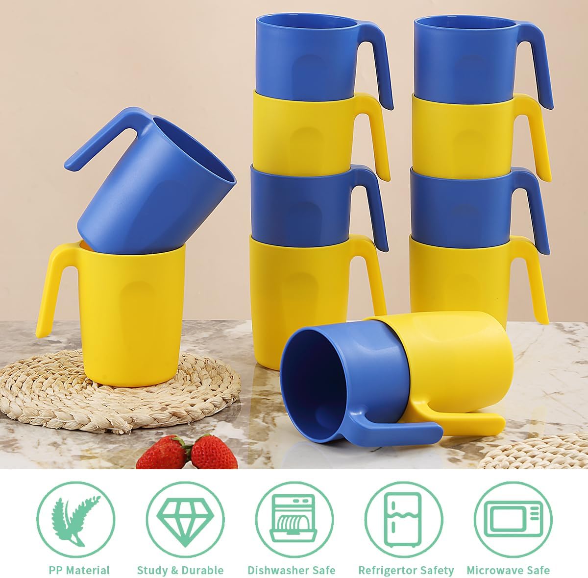 Kyraton Plastic Mug Set 12 Pieces, UKR Color Unbreakable And Reusable Light Weight Travel Coffee Mugs Espresso Cups Easy to Carry And Clean, Dishwasher Safe