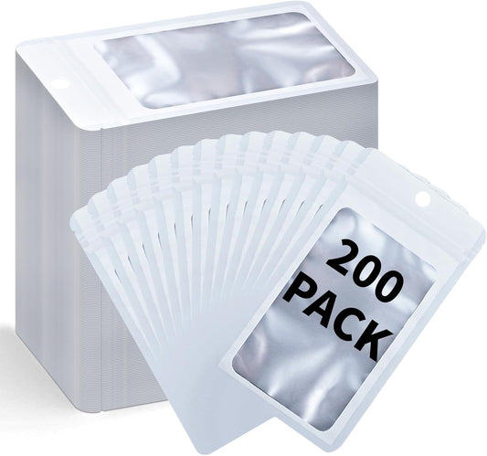 200 Pack Resealable Mylar Holographic Bags Food Storage Smell Proof Bags with Front Window Foil Packaging Pouch for Candy Sample Jewelry Small Business 3.15×5.51 Inch, White