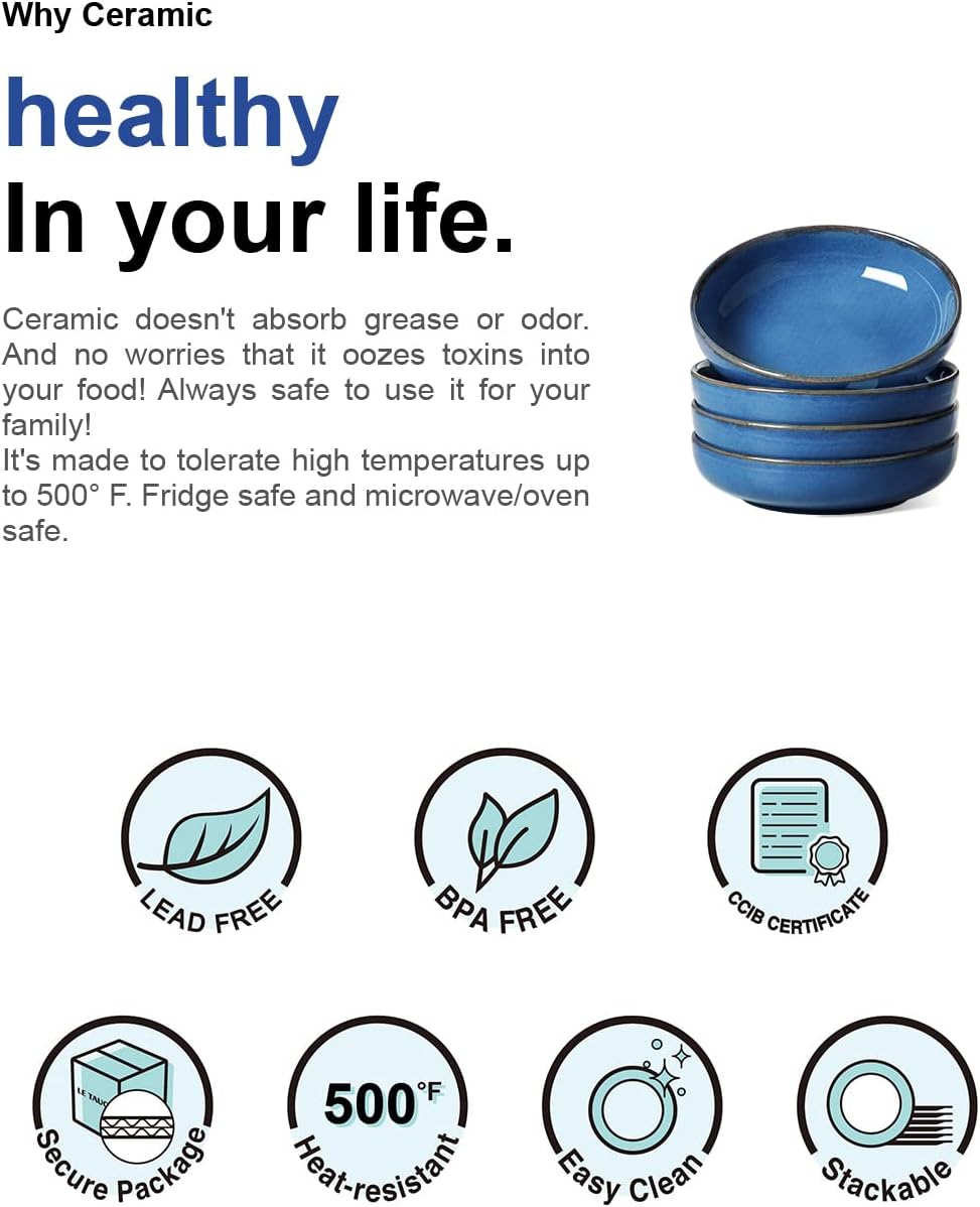 LE TAUCI Pasta Bowls 45 Ounce, Ceramic Salad Bowl, Large Serving Bowl Set - Set of 4, Ceylon Blue