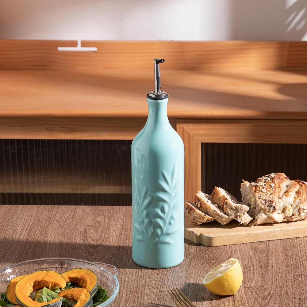 Sweejar Ceramic Olive Oil Dispenser Bottle, 24 Oz Relief Design EVOO Oil and Vinegar Dispensing Bottle with Spout for Kitchen, Set of 1 (Turquoise)