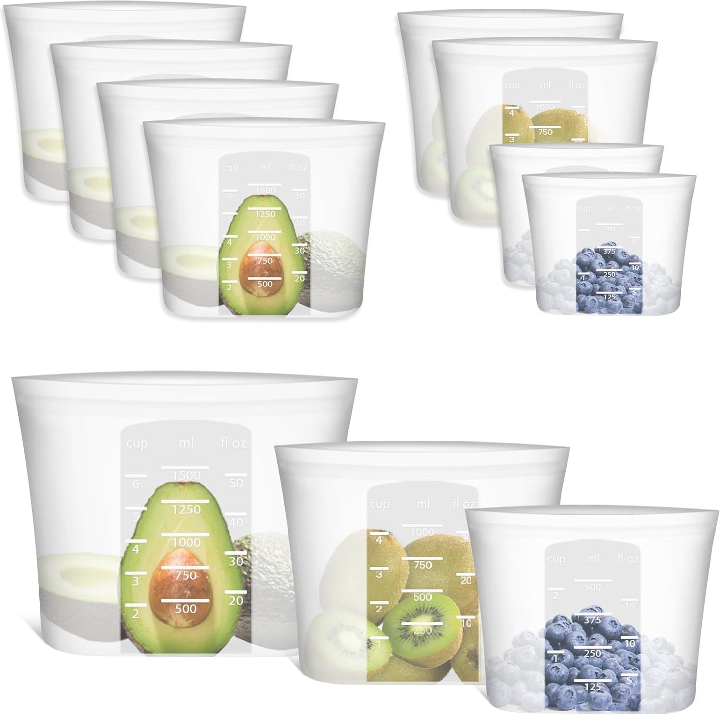 Reusable Storage Bag, 8 Pack 100% Silicone Food Storage Bags Stand Up Silicone Zip Lock Bags for Food Container, Freezer Microwave Oven Dishwasher Safe, 4 Medium 2 Small 2 Extra Small, Translucent