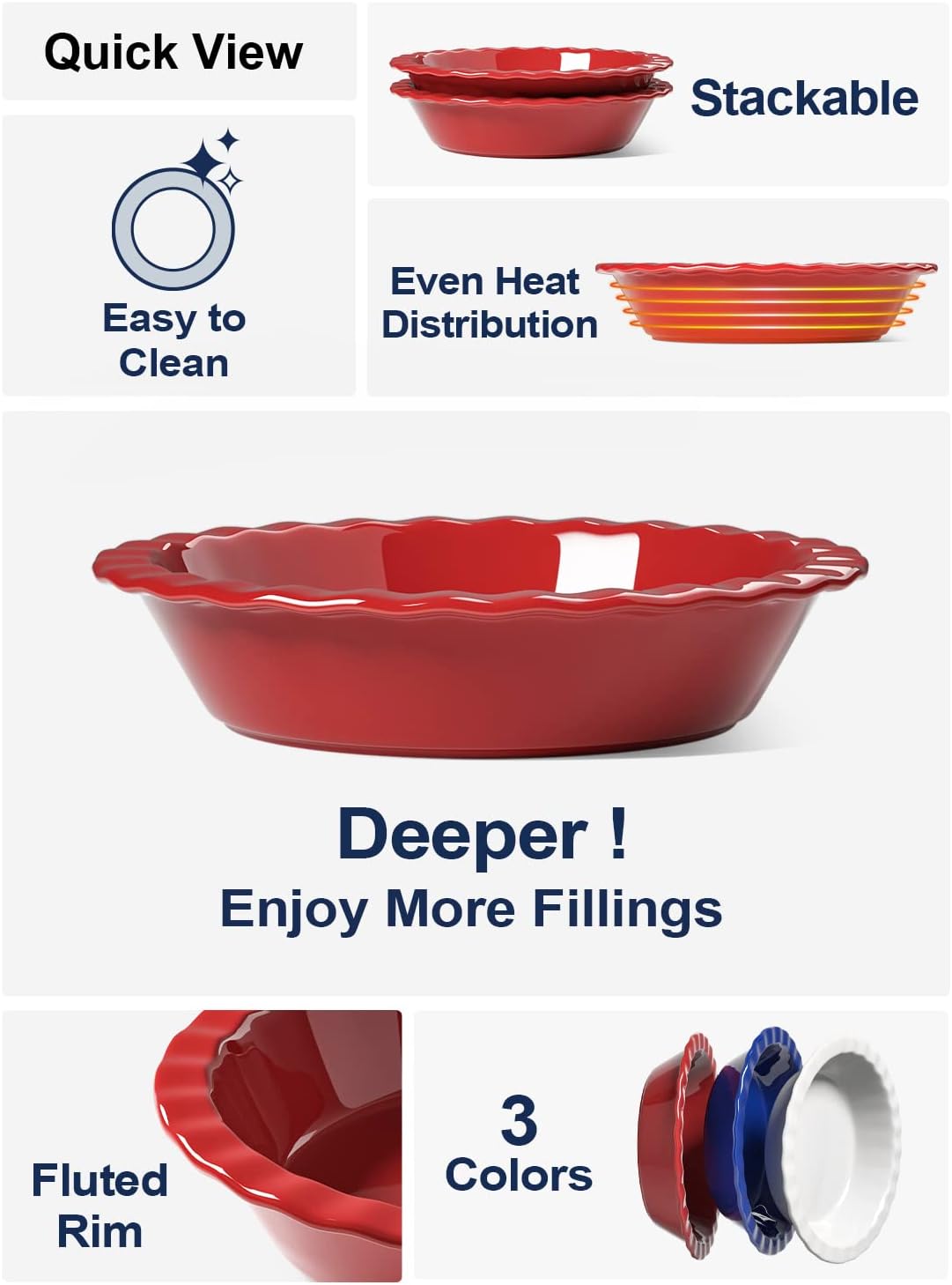 LE TAUCI Ceramic Pie Pans for Baking, 9 Inches Pie Plate for Apple Pie, Pecan Pie, 52 Ounce Deep Pie Dish, Set of 2, Red