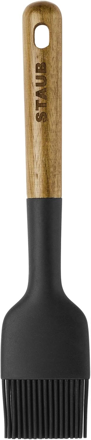 STAUB Pastry Brush, Perfect for Evenly Glazing Pastries and Basting Meats, Durable BPA-Free Matte Black Silicone, Acacia Wood Handles, Safe for Nonstick Cooking Surfaces