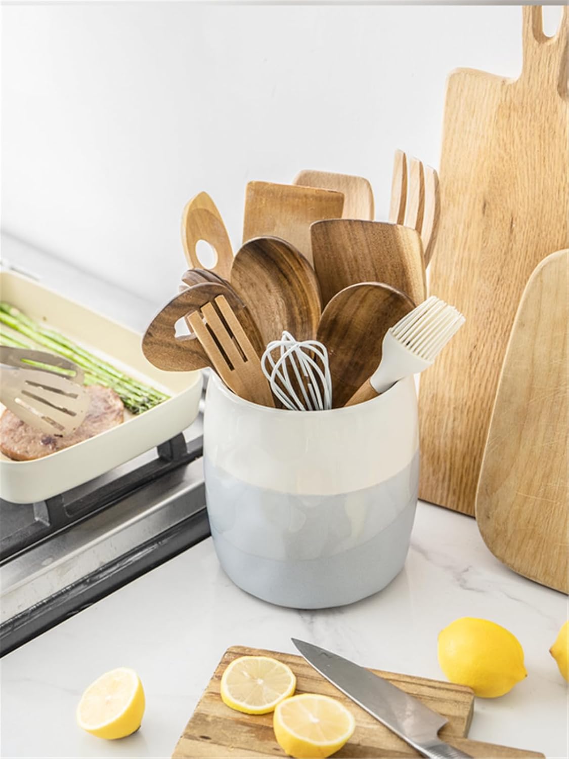 DOWAN Utensil Holder, 6.5″ Large Utensil Holder for Kitchen Counter, Ceramic Utensil Crock with Table-Protection Cork Mat, Utensil Organizer Caddy for Tongs, Spoons