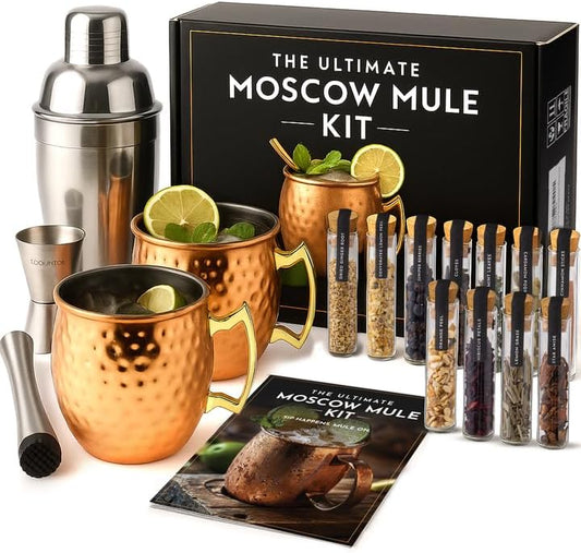 Moscow Mule Kit Gift Set - 2 Copper Mugs - 11 Botanicals - Stainless Steel Shaker & Jigger - Mudder - Recipe Book - Moscow Mule Cocktail Kit - Basket Gifts for Women - Unique Accessories for Infusion