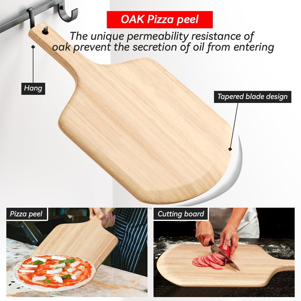5 PCS Rectangle Pizza Stone Set, 16"Large Pizza Stone for Oven and Grill with Pizza Peel(OAK), Pizza Stone Brush,Pizza Cutter & 10pcs Cooking Paper for Free, Baking Stone for Pizza, Bread,BBQ