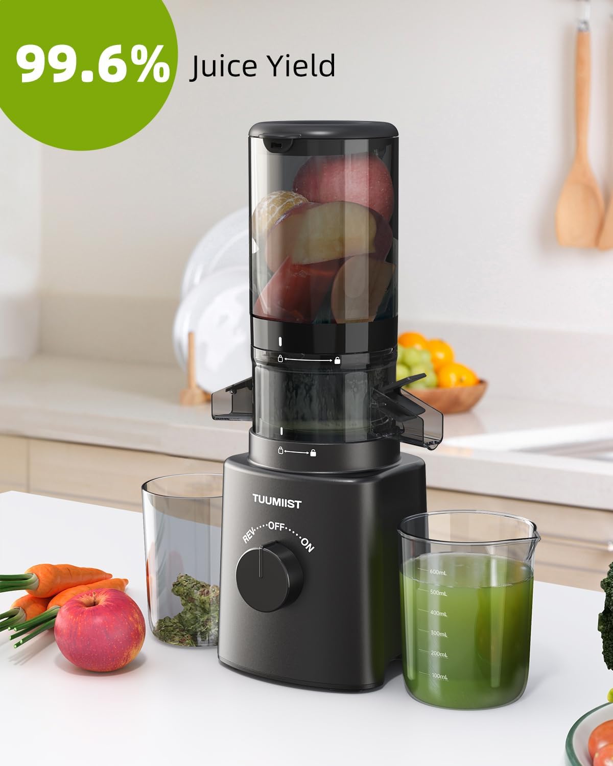 Juicer Machines, TUUMIIST Cold Press Juicer with 4.6'' Large Feed Chute Fit Whole Vegetable And Fruit, Masticating Juicer Easy To Clean, Black