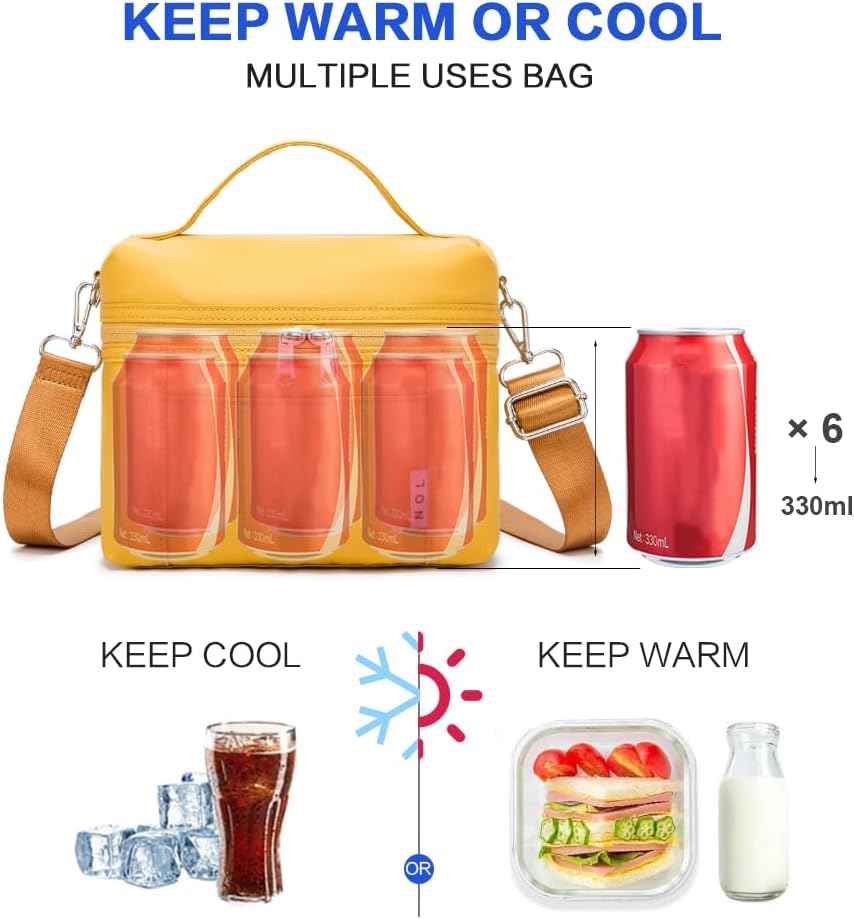 NOL Natural Organic Lifestyle Reusable Insulated Lunch Bags for Adults Lightweight Nylon Waterproof Lunch Box with Removable Adjustable Strap Insulated Lunch Bag for Work (Small Earth-yellow)