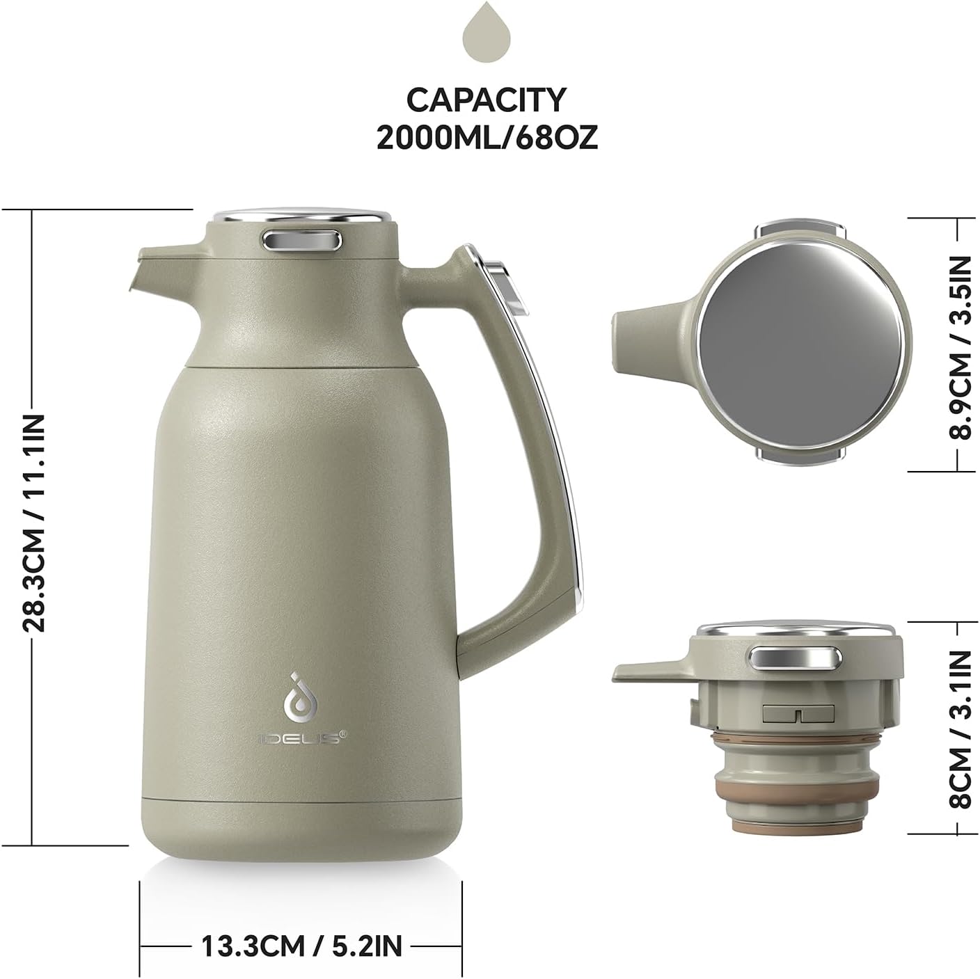 IDEUS Thermal Coffee Carafe 68oz (2,000ml), Stainless Steel Double Wall Insulated Vacuum Flask, Water Jug Coffee Server and Beverage Dispenser, Heat and Cold Retention (Celadon, 68oz (2,000ml))