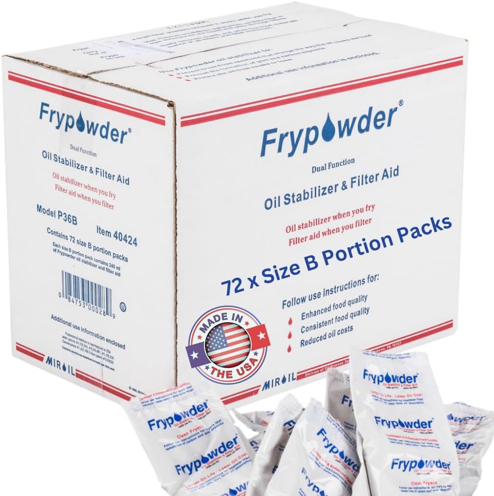 MirOil P36B Fry Powder Oil Stabilizer and Filter Aid, Deep Fryer Cooking Oil Saver Helps Save Grease & Remove Carbon Deposits, 72 x Size B Portion Pack(240ML Each) Fry Powder, Food Center Cooks Hotter