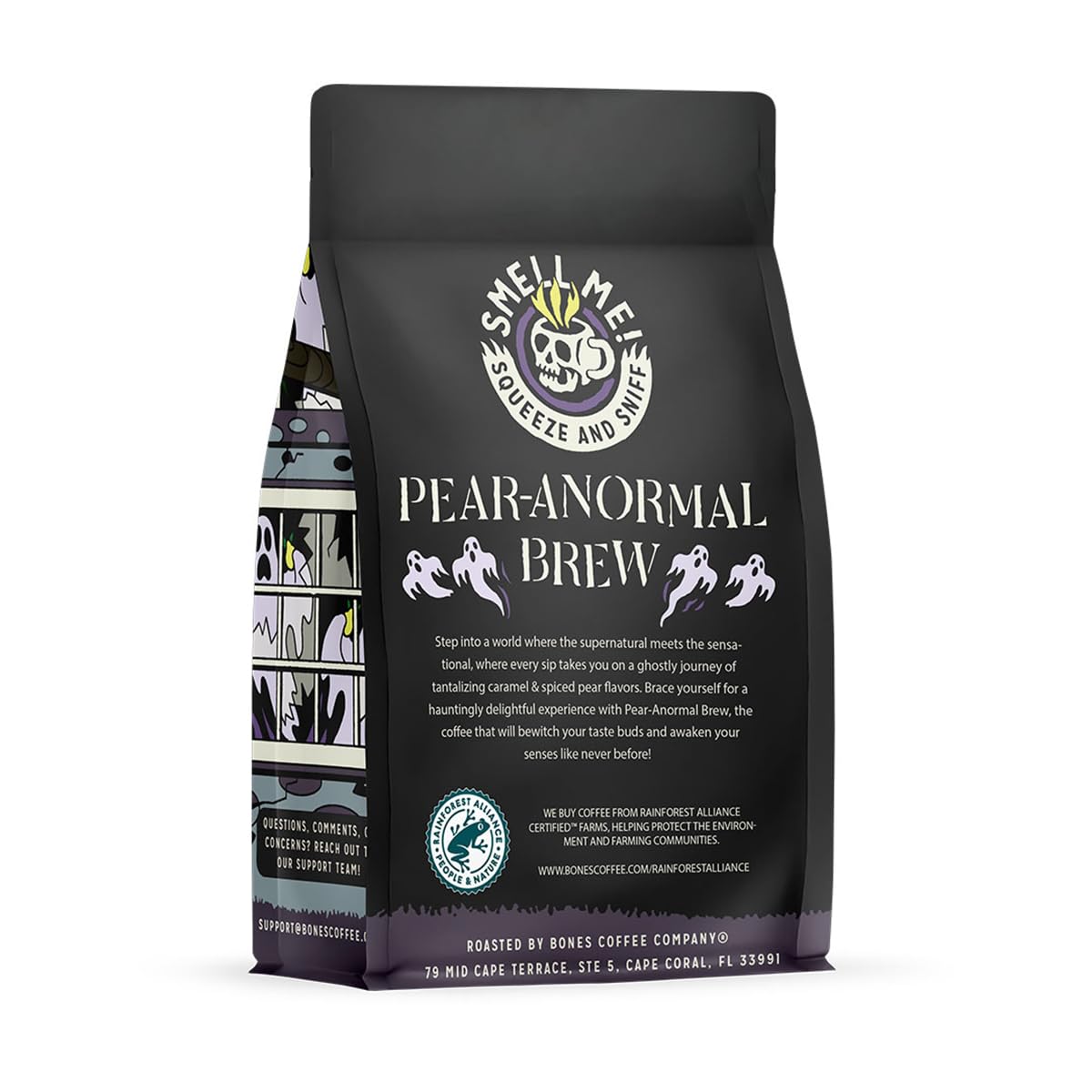 Bones Coffee Company Pear-Anormal, Caramel and Spiced Pear Flavored Coffee, Medium Roast Low Acid Arabica Beans Compatible with Auto drip and French Press Coffee Maker, 12 Oz Whole Bean