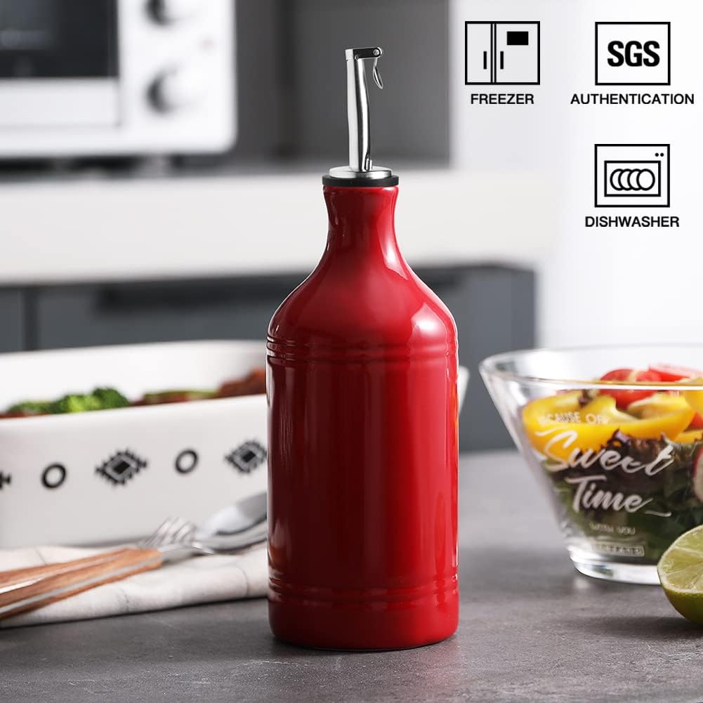 Sweejar Ceramic Olive Oil Dispenser Bottle, Opaque Oil Cruet Protects Oil to Reduce Oxidation, Suitable for Storage Oil, Vinegar, Coffee Syrups & Other Liquids, Pack of 1, 15.5 Fl Oz (Red)