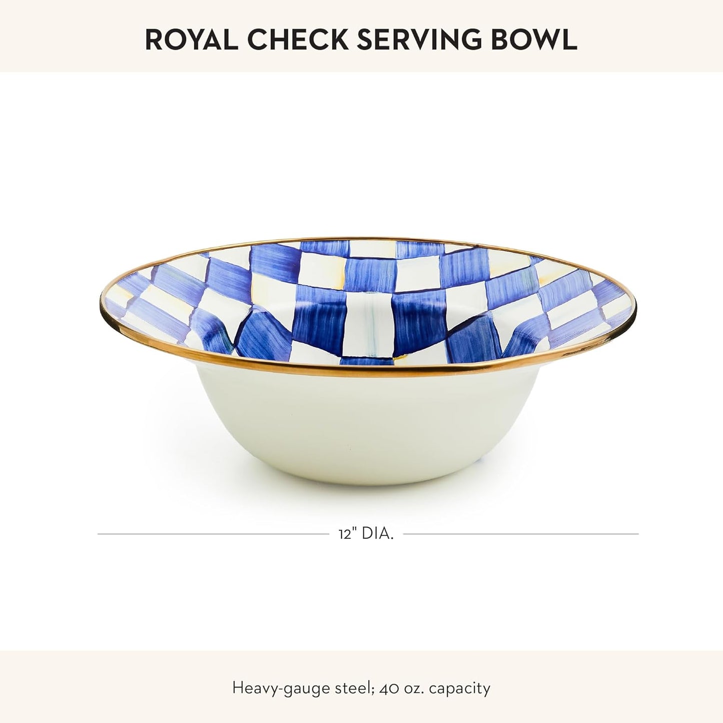 MACKENZIE-CHILDS Enamel Serving Bowl, Enamel Serveware Bowl, 12 Inches, Blue-and-White Royal Check