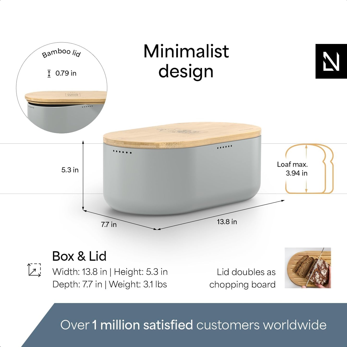 LARS NYSØM Bread Box I Metal Box with linen bag for long lasting freshness I Bread Bin with bamboo lid usable as cutting board I 14.2x7.5x5.1 In (Ash Gray)