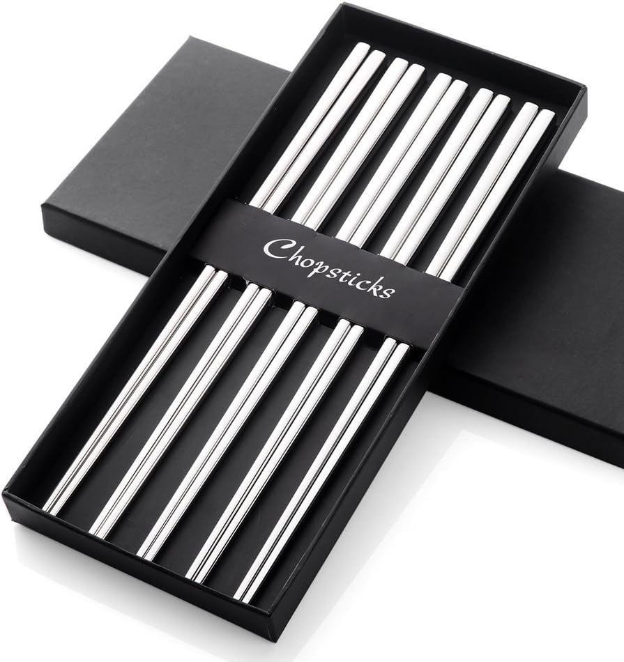 Buyer Star 5-Pair Silver Stainless Steel Chopsticks - Reusable Chinese Square Chopsticks