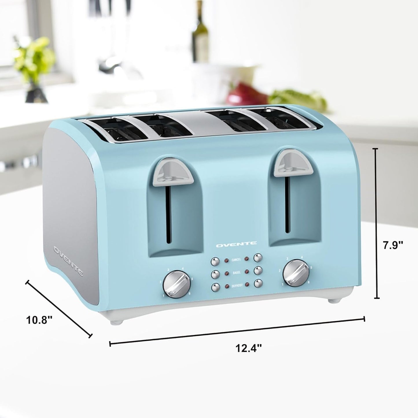 OVENTE Electric 4-Slice Toaster Machine with 6-Shade Selector Setting, Cancel Button, Defrost Function, Crumb Tray, 1400W Power and Wide Slots for Bagels, Waffles and Puff Pastry, Light Blue TS4410LBL