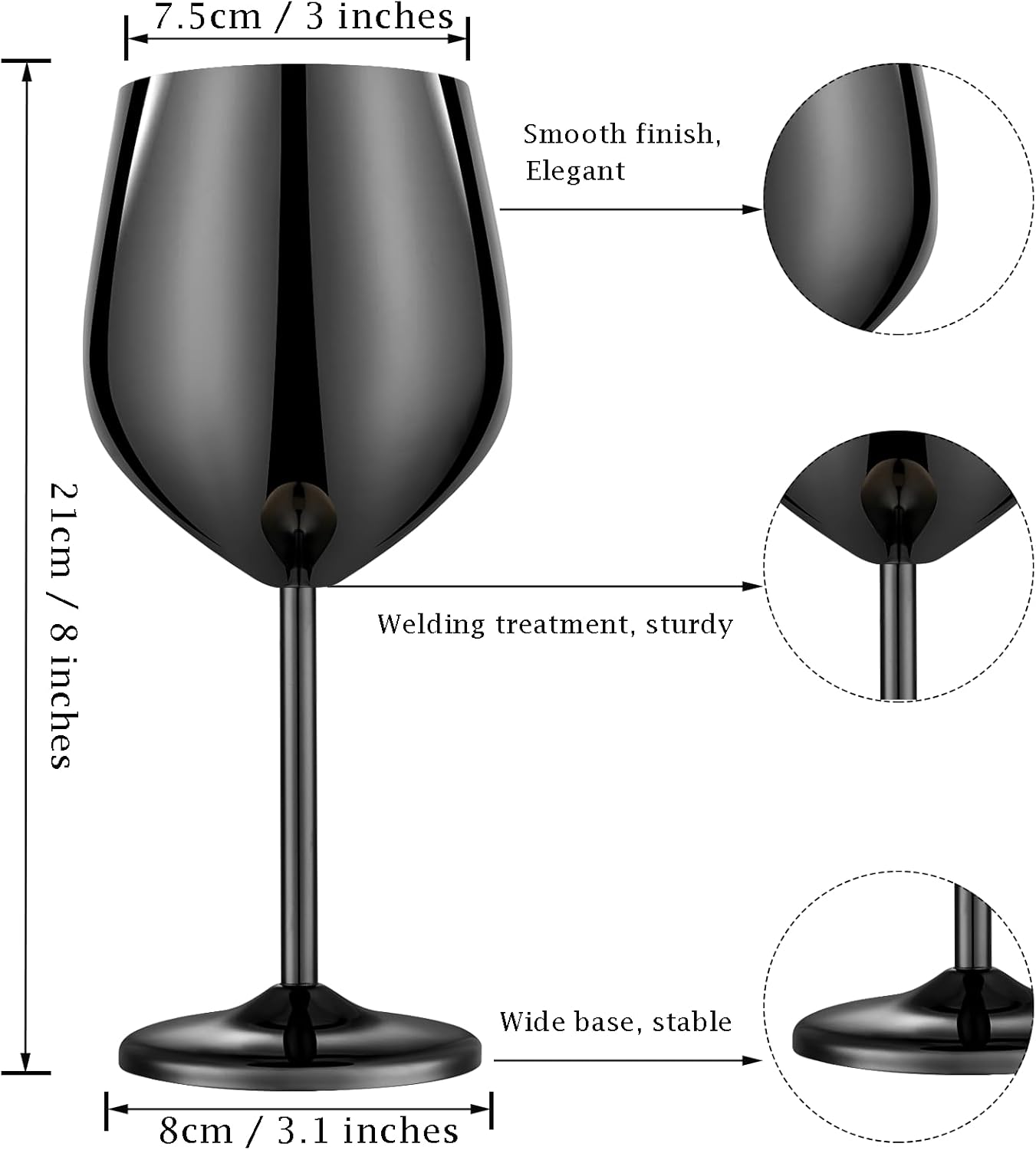Stainless Steel Wine Glasses Set of 4 Unbreakable Wine Glass 18 oz Unique Metal Wine Goblets for Outdoor, Travel, Camping, Pool, Ideal Gift for Wine Lovers (Mirror-Black)