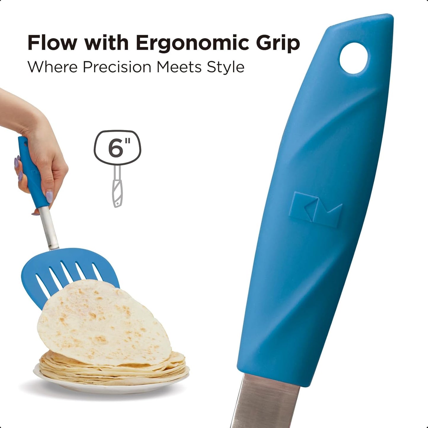 Kitchen Mama WaltzGrip Platinum Silicone Pancake Spatula Turner: Heat Resistant Flexible, Stainless Steel Core, Nonstick, Dishwasher Safe, Flipper – Ideal Kitchen Cookware for Eggs, Fish, Meat (Blue)