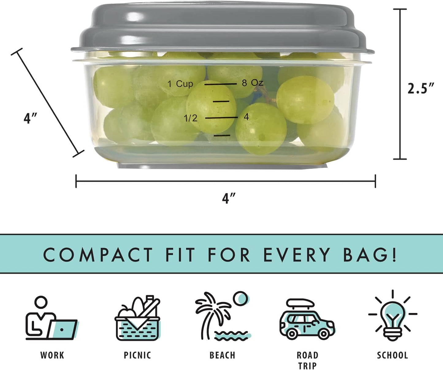 Fit & Fresh Small Plastic Containers With Lids 8 oz, Small Snack Containers With Lids, Reusable Leakproof Dressing and Condiment Containers With Two Attachable Ice Packs, 4PK, Light