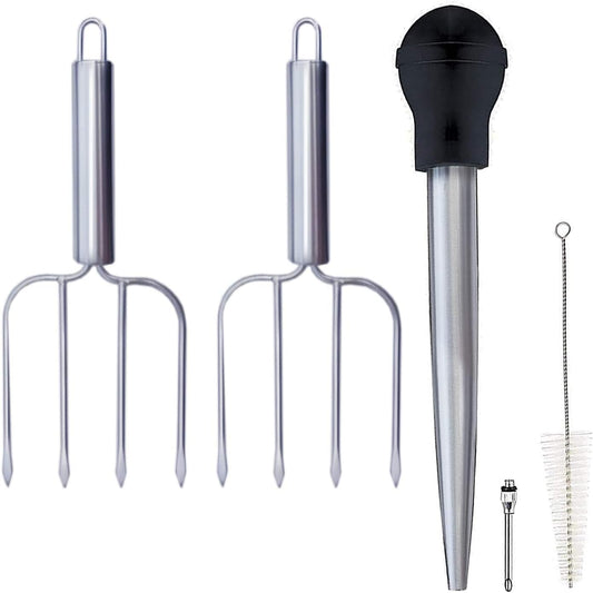 Stainless Steel Turkey Baster Syringe and Poultry Lifters fork Set of 2,