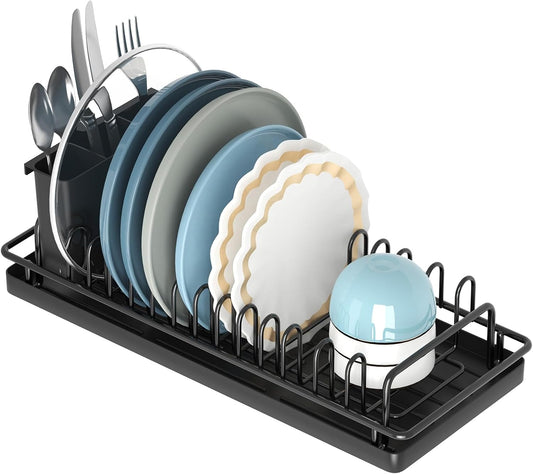 Giwil Small Dish Drying Rack, Compact Dish Rack with Silicone Tray and Caddy, Multifunctional Dish Drainer Sink Drying Rack for Kitchen Counter & Over The Sink, Stainless Stell, Black