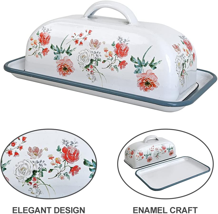 Enamel Butter Dish with Lid Vintage Enamelware Butter Holder with Flower Design Farmhouse Butter Container Butter Storage with Tray for Countertop Kitchen Decor