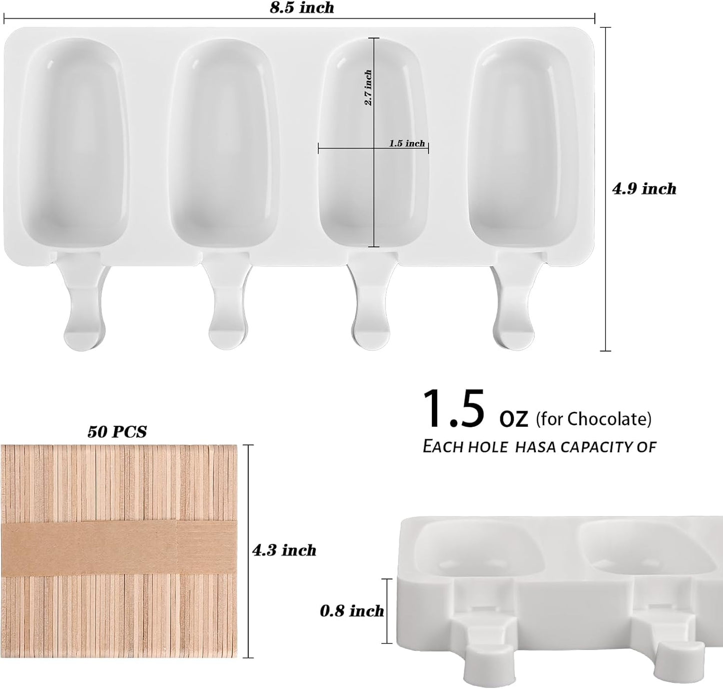 Sakolla 2 Pack Silicone Popsicle Molds, 4 Cavities Oval Mini Ice Pop Molds with 50 Wooden Sticks for Homemade Cake Pop, Cakesicles, Ice Cream (White)