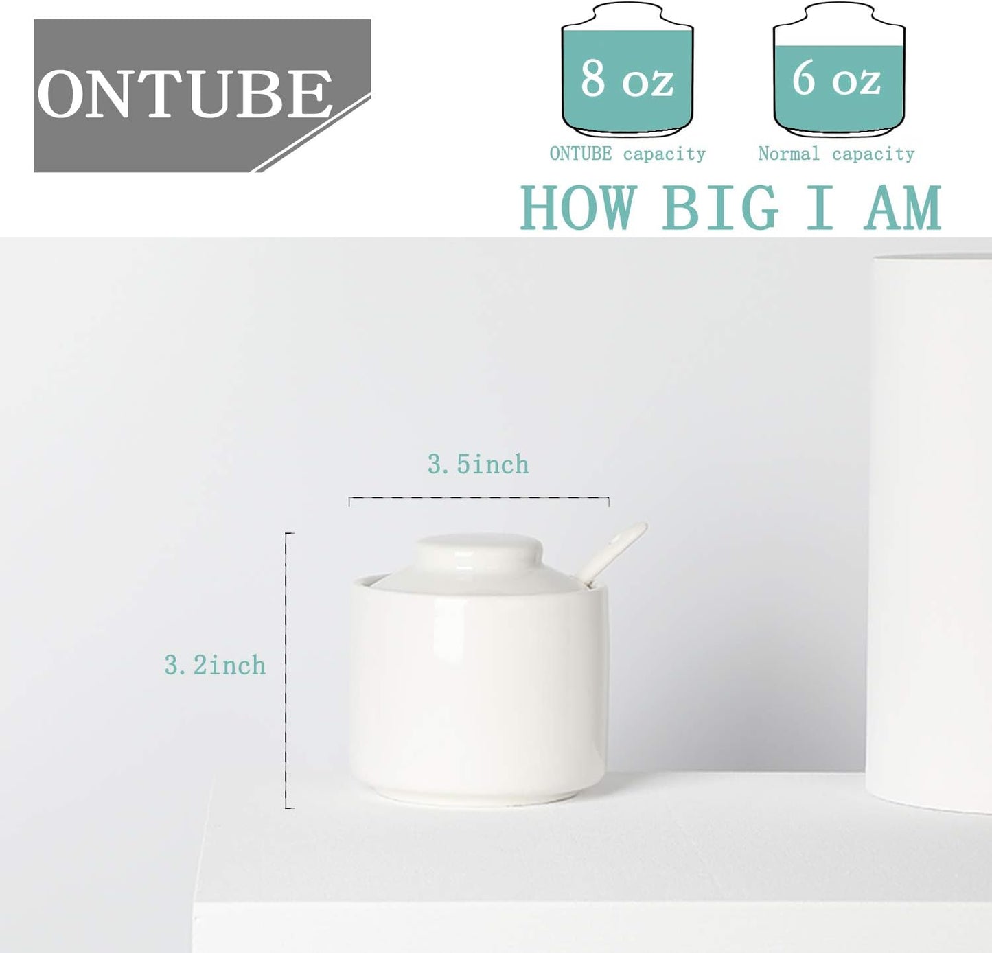 ONTUBE Ceramic Sugar Bowl with Lid and Spoon,Porcelain Seasoning Box Salt Bowl,8oz White