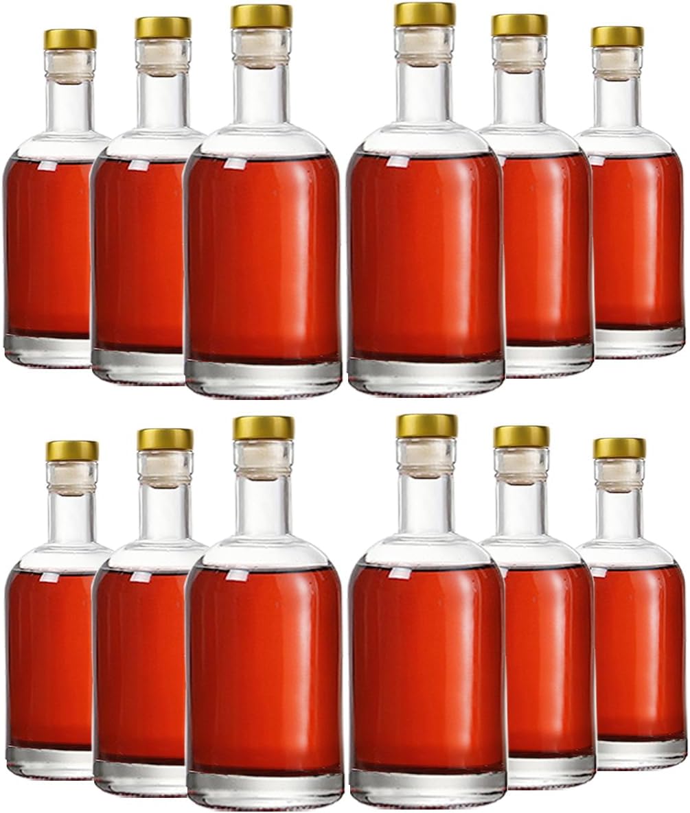 Clear Glass Bottles 6 oz - 200ml [Pack of 12] for Wine Beverages Drinks Oil Vinegar Kombucha Beer Water Soda with Cork Stopper Airtight Lid
