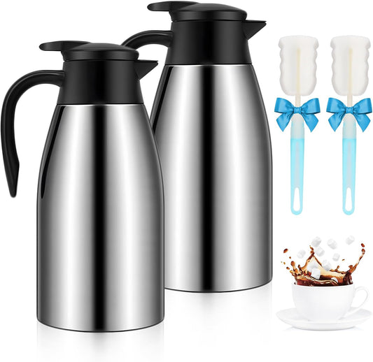 70oz Thermal Coffee Carafe, 2 Pack Airpot Insulated Coffee Urns Stainless Steel Vacuum Thermal Pot Dispenser for Coffee, Hot Water, Tea - Keep 12 Hours Hot, 24 Hours Cold (Silver)