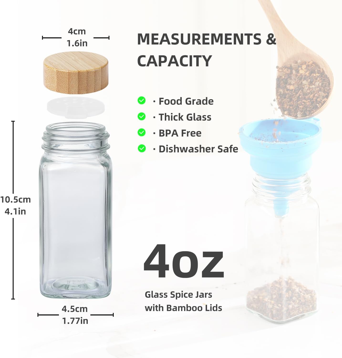 4 oz Glass Spice Jars with Bamboo Lids, Clear Empty Jars with Labels Stickers, Collapsible Funnel, Seasoning Storage Bottles for Spice Racks (36 Pack)