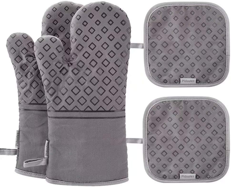 Set of 4 Oven Mitts and Pot Holders, 482 F Heat Resistant Hot Plate Moving Non-Slip Gloves for BBQ, Grill, Baking, Cooking, Oven, Microwave (Gray)