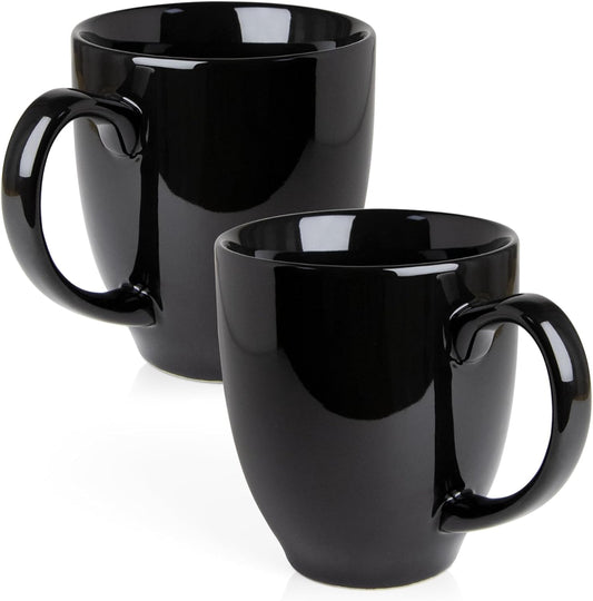 Set of 2 Durable 16 oz Coffee Cups, Large Black Coffee Mugs with Ergonomic Handle, Ceramic Mugs Dishwasher & Microwave Safe, Ideal Tea Mugs for Home, Office, Gifts (Coffee, Tea, Hot Cocoa, Latte Cup)