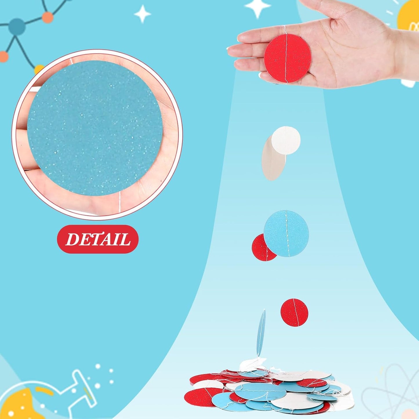 Outus 5 Pieces Colorful Dots Paper Garland Round Glitter Garland Hanging Confetti Streamers Backdrop Decoration for Birthday Classroom Candy Sprinkles Trunk or Treat Party (Light Blue,White,Red)